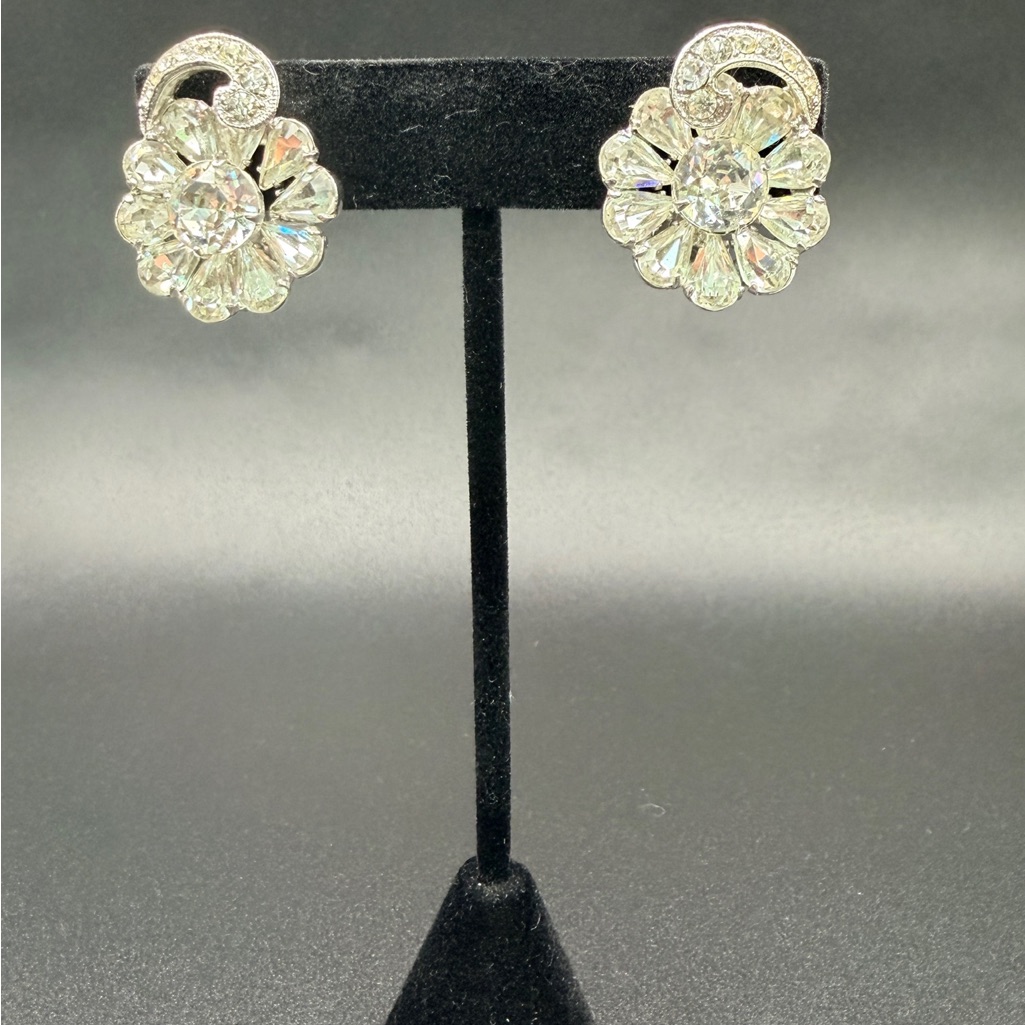 Vintage Eisenberg Rhinestone Flower Clip Earrings Swirl Ice Crystals, Signed